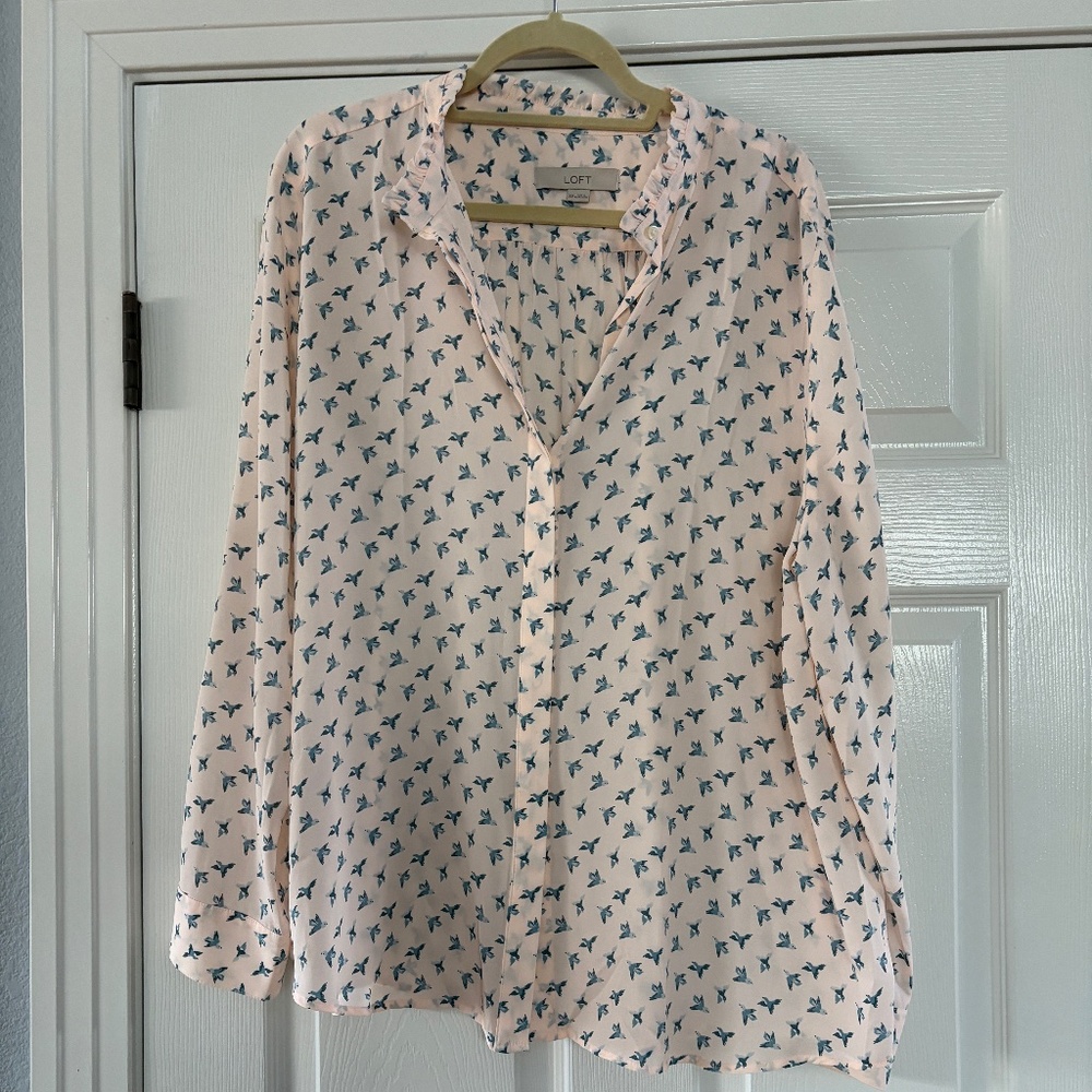 LOFT Silky Long Sleeve Pink Flowy Blouse Top with Blue Birds XXL